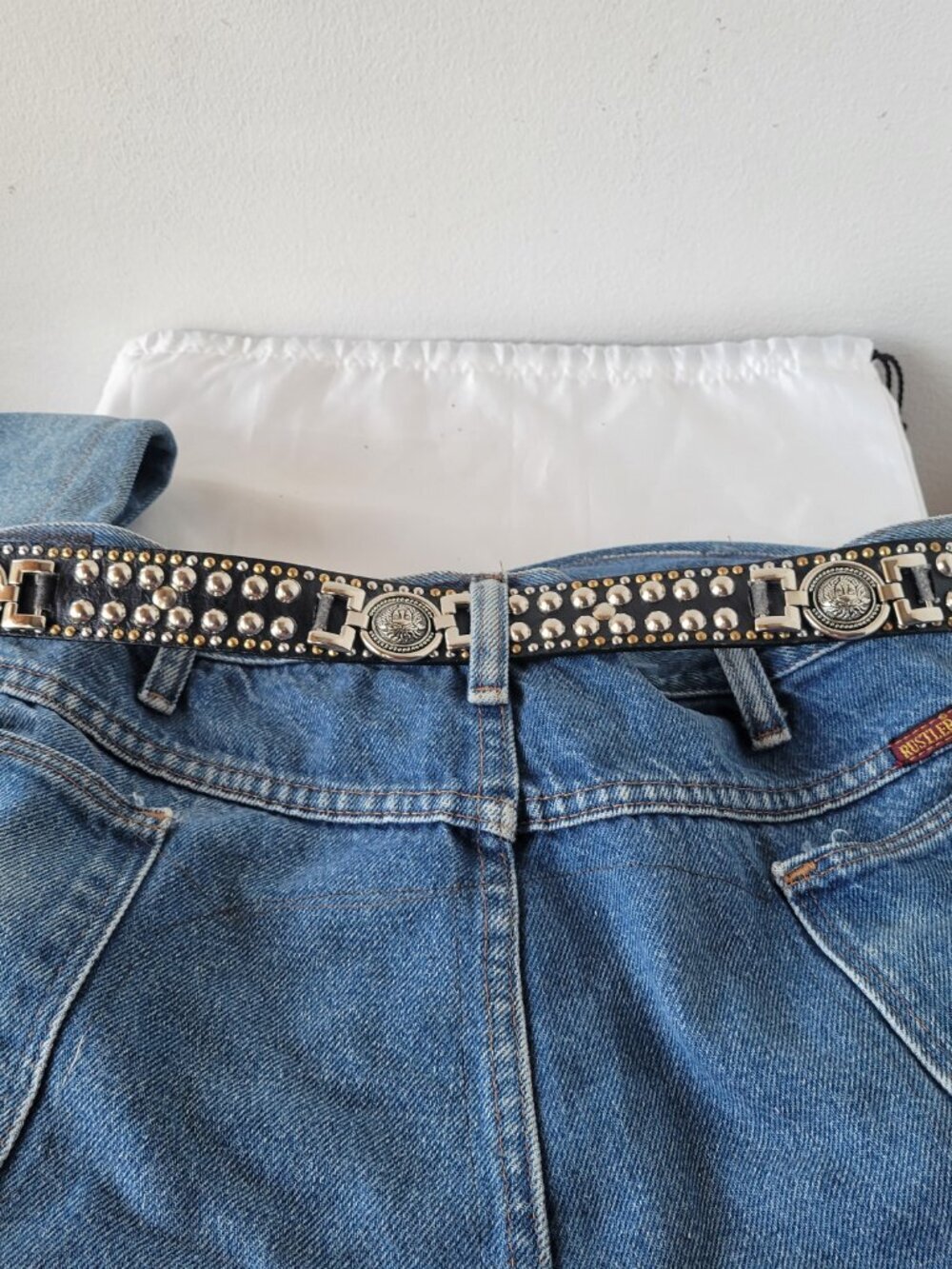 Handmade Upscaled Denim Blue Jean Crossbody Handbag w/ Black Studded Belt - Picture 4 of 16